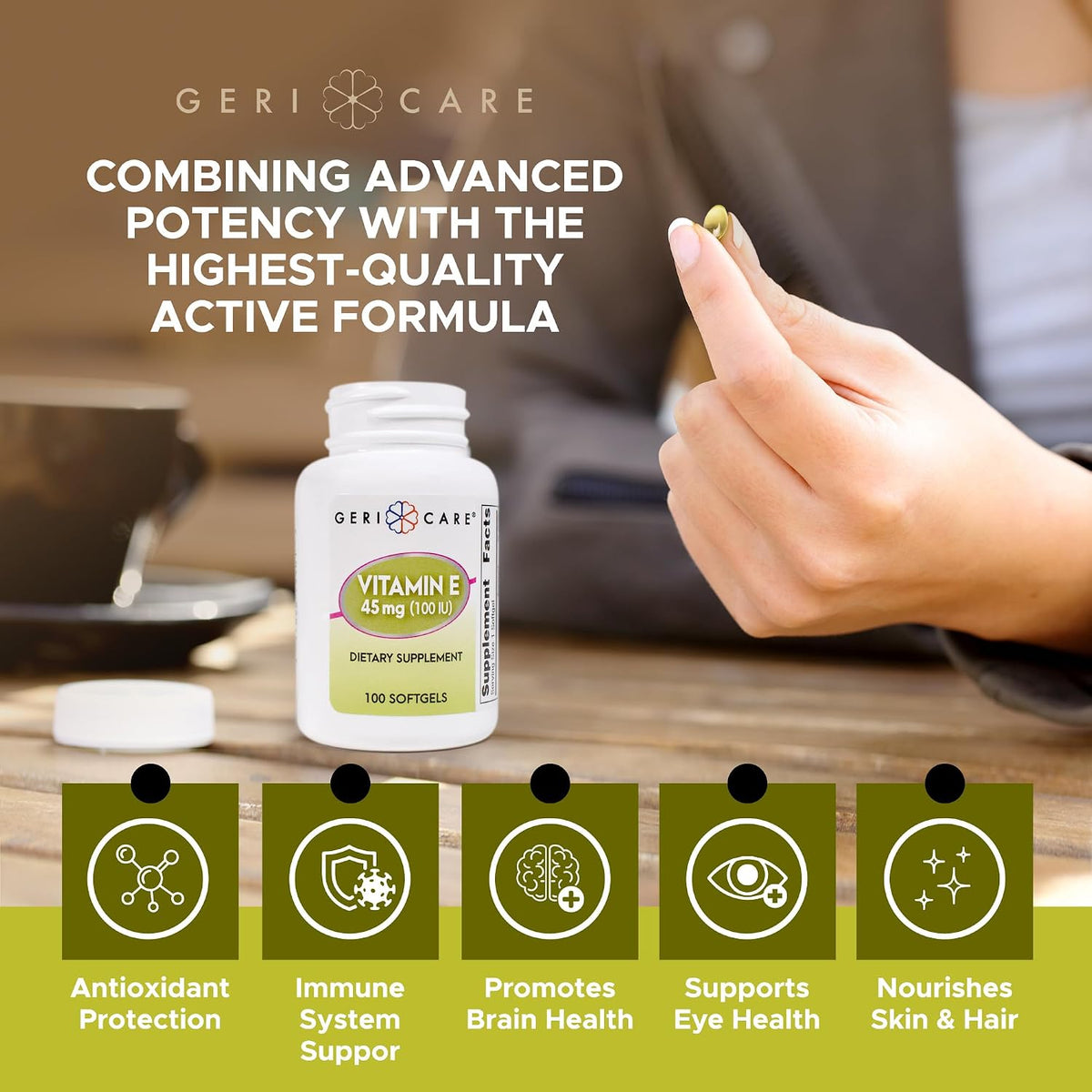 GeriCare High-Potency Vitamin E Capsules – 100 IU for Skin & Immune Support, 45mg | 100 Count - görsel 5