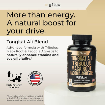 Tongkat Ali for Men & Women - Extra Strength Formula with Fadogia Agrestis, Tribulus, and Maca Root - Stamina, Vitality, Energy, Mood Support
