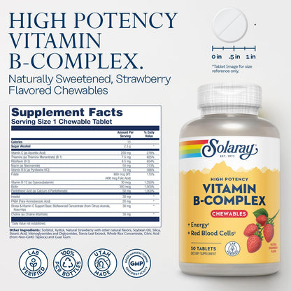 SOLARAY Vitamin B-Complex Chewables – Strawberry Flavour – 50 Tablets