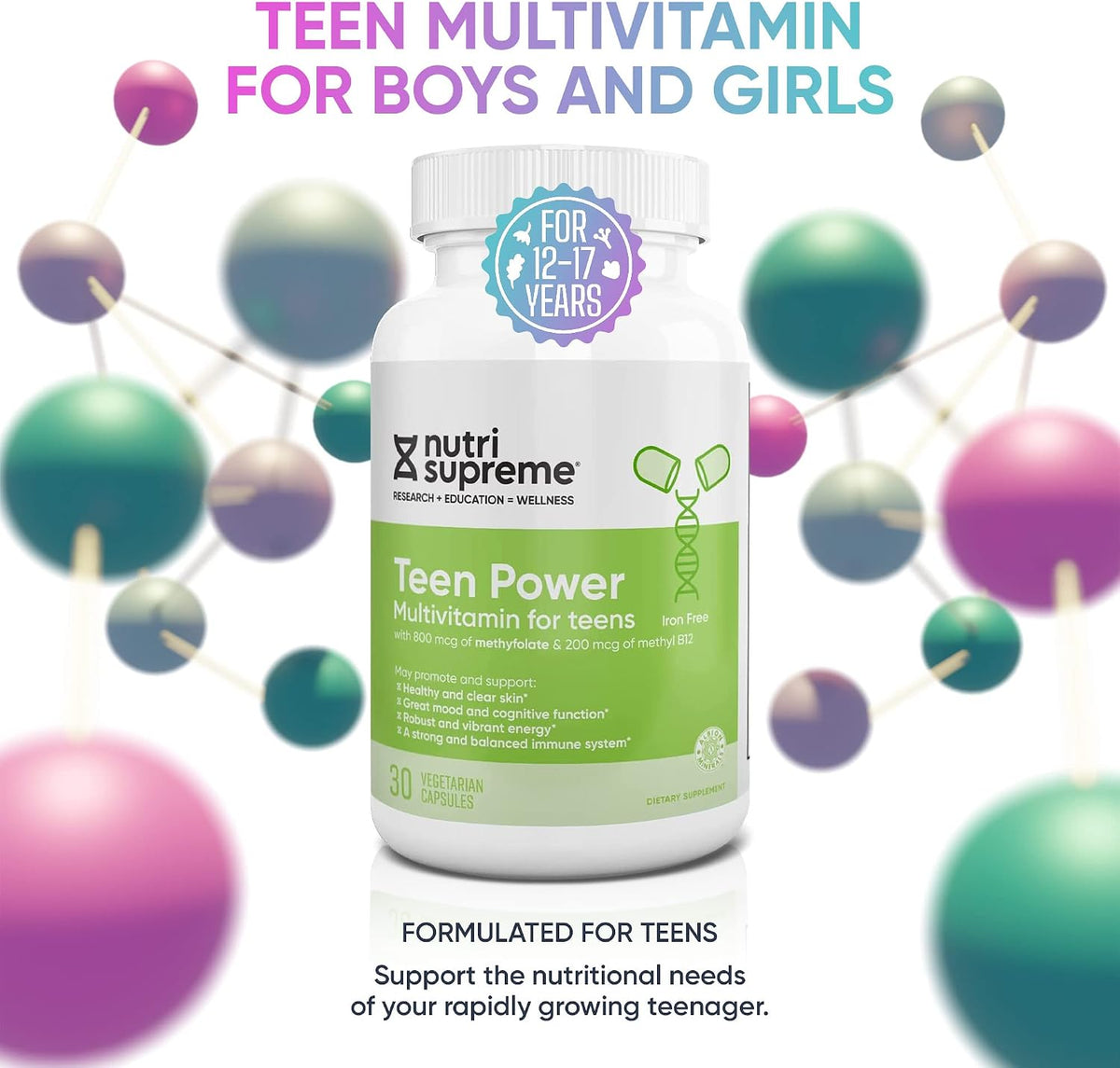 Nutri Supreme Teen Multivitamin for Boys and Girls Aged 12-17, Kosher One-a-Day Teen Supplement, Formulated for Teen Development and Immune Health, 30 Capsules - görsel 4