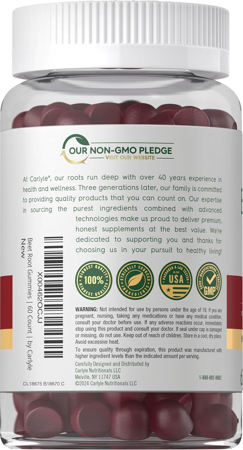 Carlyle Beet Root Gummies - 60 Count with Vitamin C & Black Pepper, Strawberry Flavour, Vegan & Non-GMO - görsel 3