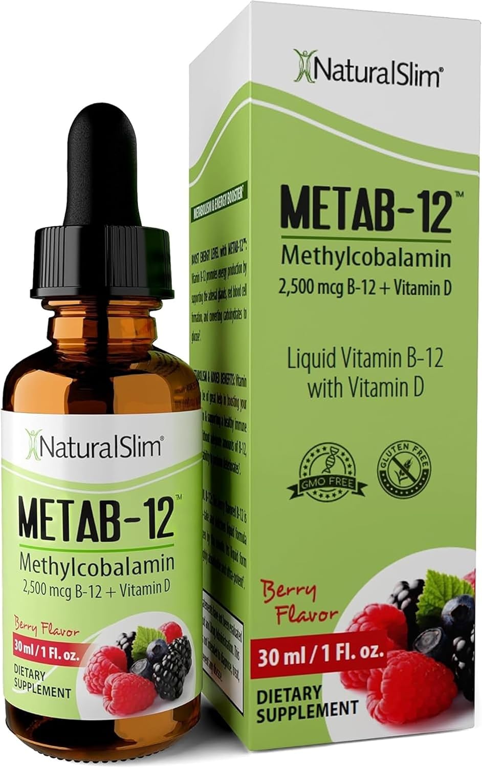 NaturalSlim Metab-12 Liquid B12 with Vitamin D - Methylcobalamin 2500 mcg Sublingual Drops, Berry Flavour, 30 ml - görsel 1