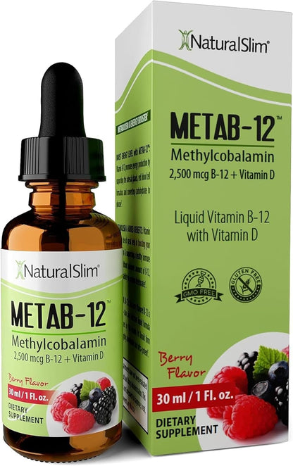 NaturalSlim Metab-12 Liquid B12 with Vitamin D - Methylcobalamin 2500 mcg Sublingual Drops, Berry Flavour, 30 ml