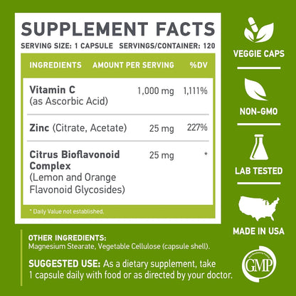 Vitamin C & Zinc 1000mg with Citrus Bioflavonoids, 120 Capsules