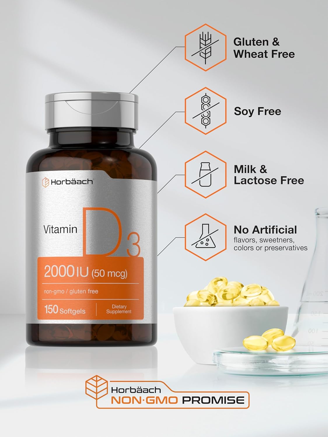 Horbaach Vitamin D3 2000 IU Softgels | 150 Count | Cholecalciferol Supplement - görsel 5