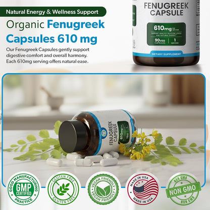 TRUEMED Organic Fenugreek Capsules 610 mg – Digestive Comfort, Natural Energy and Wellness Support (90 Capsules)