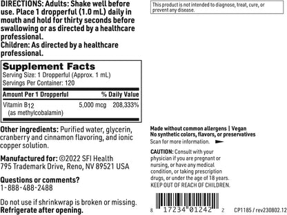 Klaire Labs Vitamin B12 Liquid Drops - 5000mcg Methylcobalamin, Supports Normal Energy and Psychological Function, Hypoallergenic, 120 ml (120 Servings)
