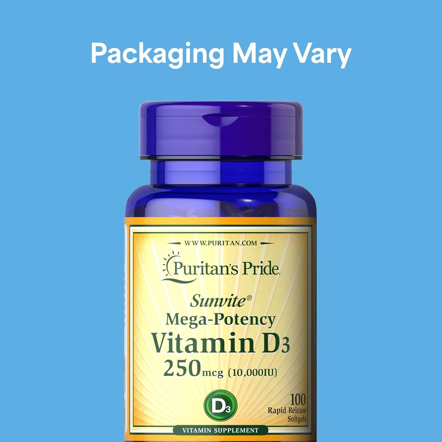 Puritan's Pride Premium Sunvite™ Mega-Potency Vitamin D3 10,000 IU, 200 Rapid-Release Softgels (2 x 100) - görsel 2