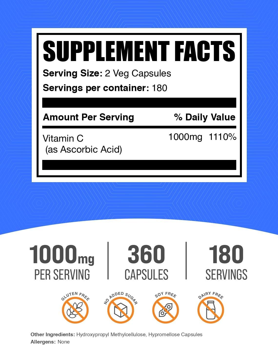 BulkSupplements Ascorbic Acid 1000mg Capsules - 360 Count - görsel 2