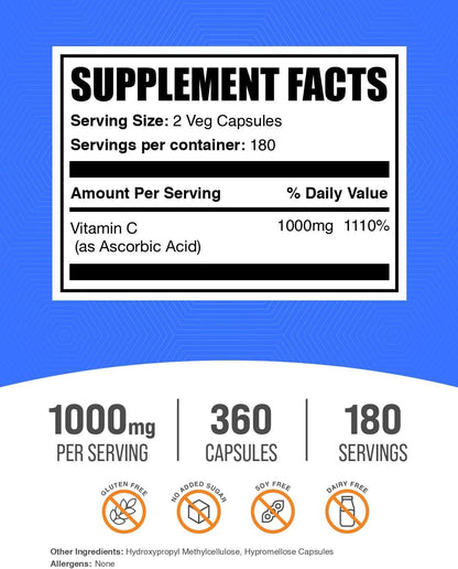 BulkSupplements Ascorbic Acid 1000mg Capsules - 360 Count