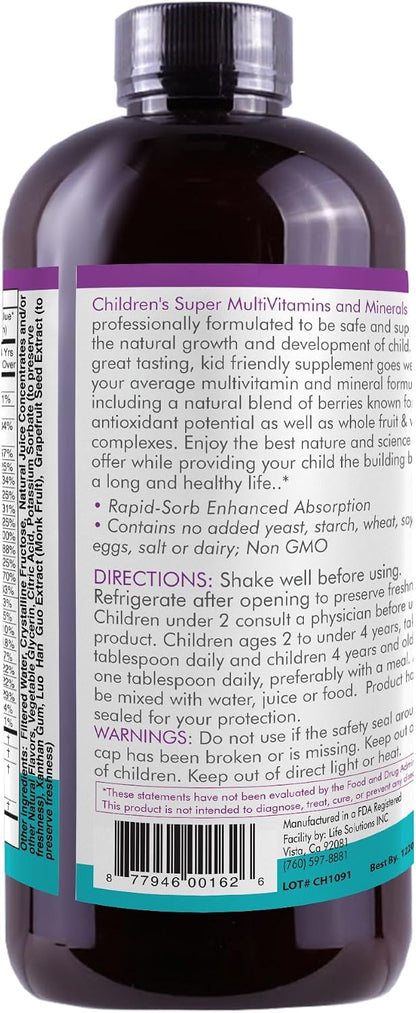 Life Solutions Children's Vitamins Multivitamin - Liquid Vitamin & Minerals - Complete Children Vitamins - Essential Liquid Minerals for Kids 16 fl oz