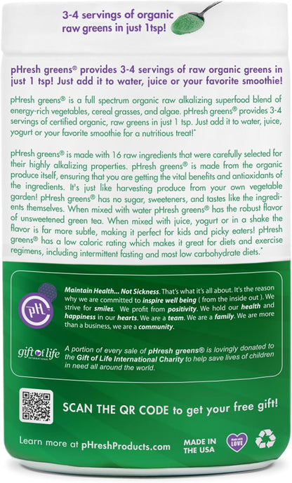 pHresh Greens Raw Alkalising Superfood Greens Powder - 2-Month Supply - Vegan, Kosher, Gluten-Free