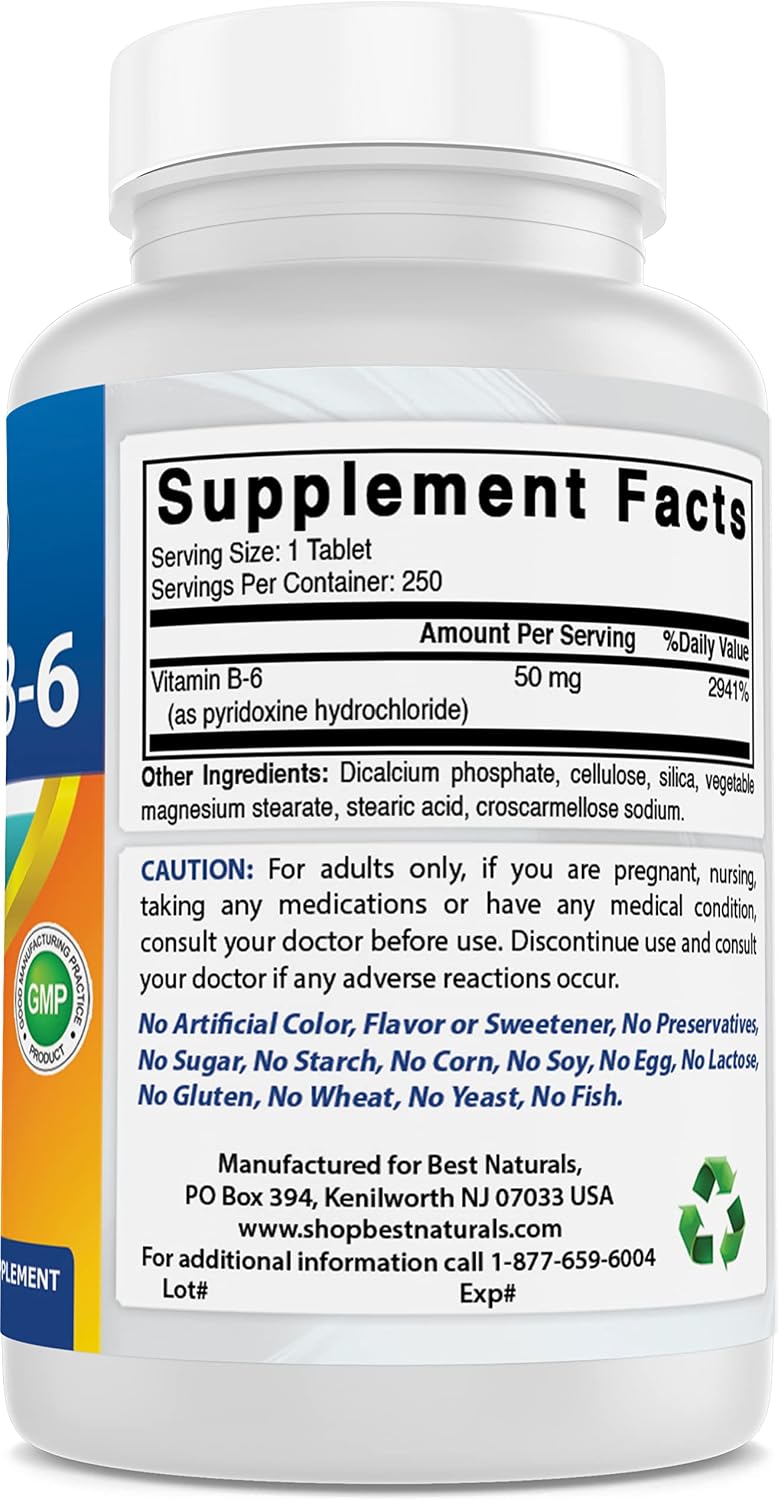 Best Naturals Vitamin B6 50 mg Tablets - 250 Tablets per Bottle (Pack of 3) - görsel 6