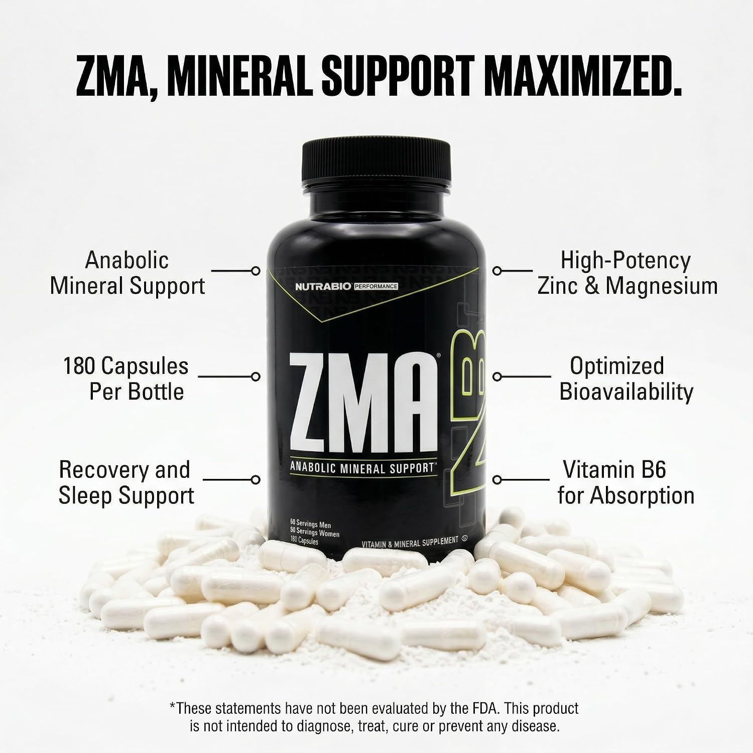 NutraBio ZMA - Zinc Magnesium Supplement with Vitamin B6 (180 Capsules) - görsel 3