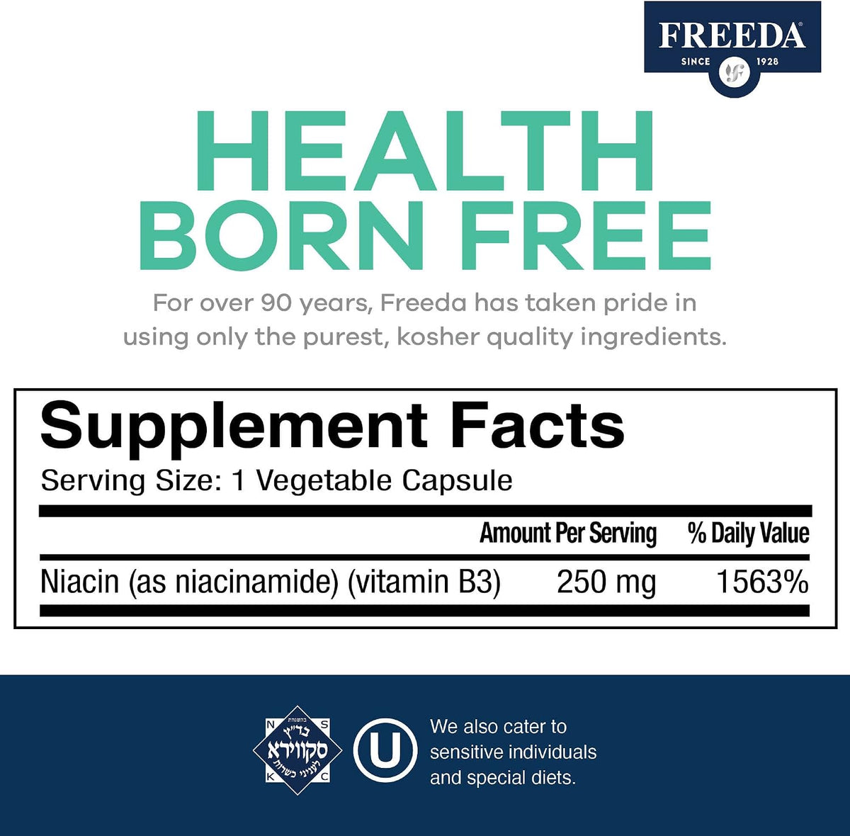 Freeda Niacinamide - Vitamin B3 250 mg, 500 Capsules (No Flush) - görsel 3