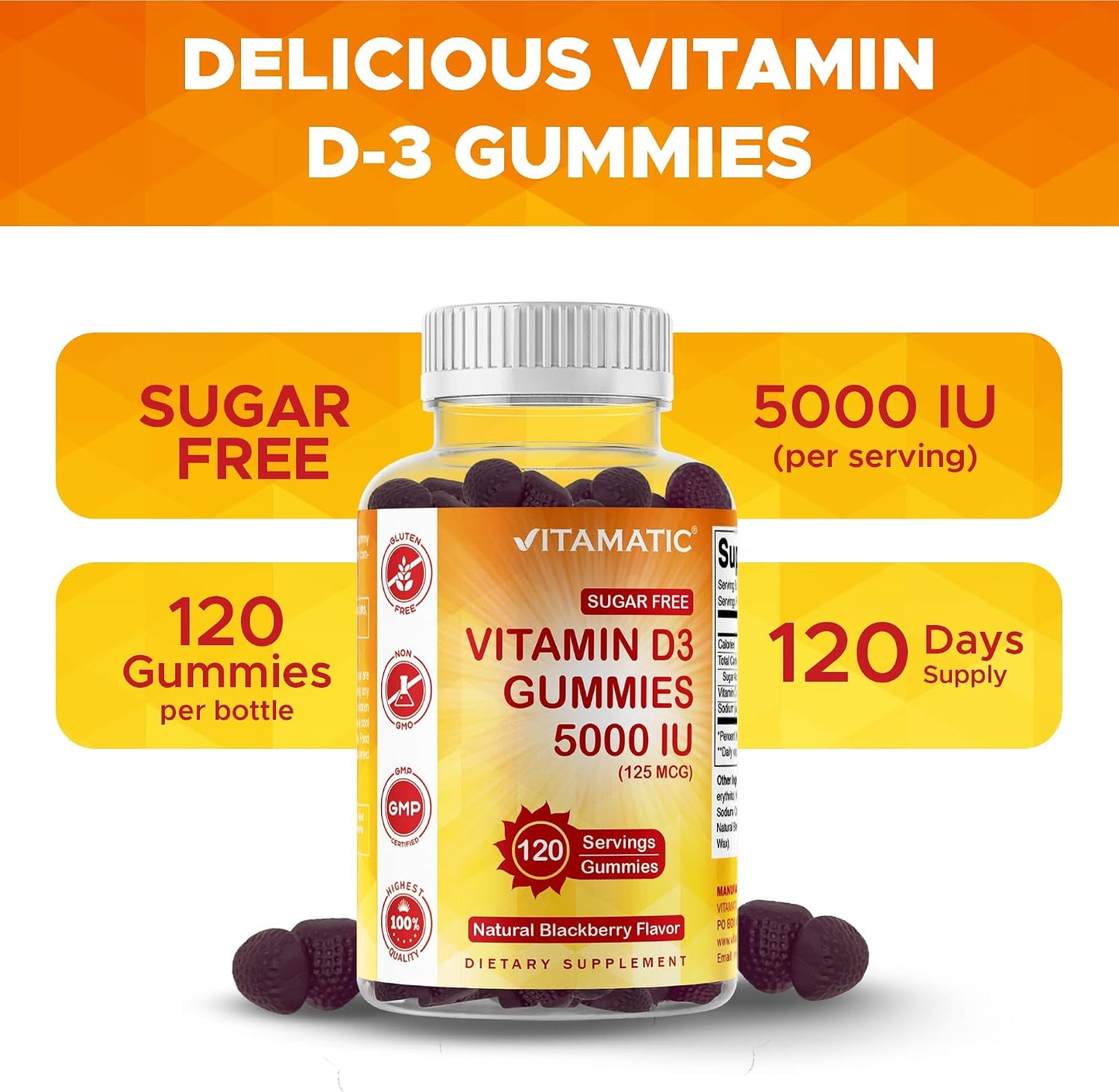 Vitamatic Sugar Free Vitamin D3 5000 IU Gummies – Natural Blackberry Flavour (120 Count) - görsel 4