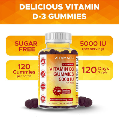 Vitamatic Sugar Free Vitamin D3 5000 IU Gummies – Natural Blackberry Flavour (120 Count)