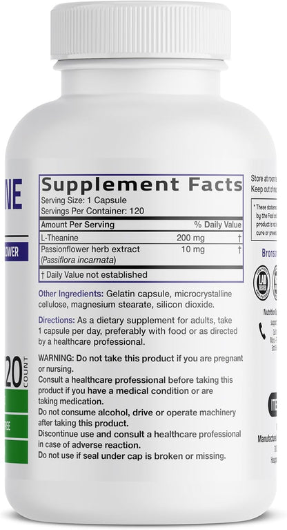 Bronson L-Theanine 200mg Double Strength with Passion Flower, 120 Capsules