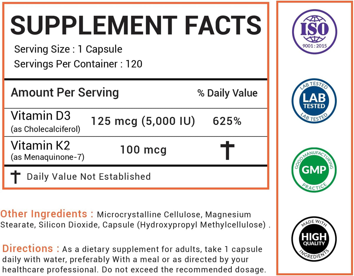 Vitamin D3 5000 IU – Enhanced Bone, Heart & Immune Support – Supports Calcium Absorption, Clean & Trusted Formula for Daily Wellness + Vitamin K2 (MK-7) 100 mcg – 120 Capsules - görsel 2