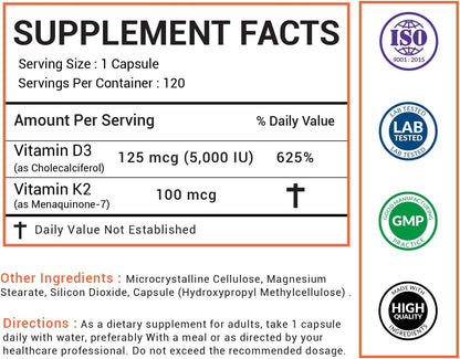 Vitamin D3 5000 IU – Enhanced Bone, Heart & Immune Support – Supports Calcium Absorption, Clean & Trusted Formula for Daily Wellness + Vitamin K2 (MK-7) 100 mcg – 120 Capsules