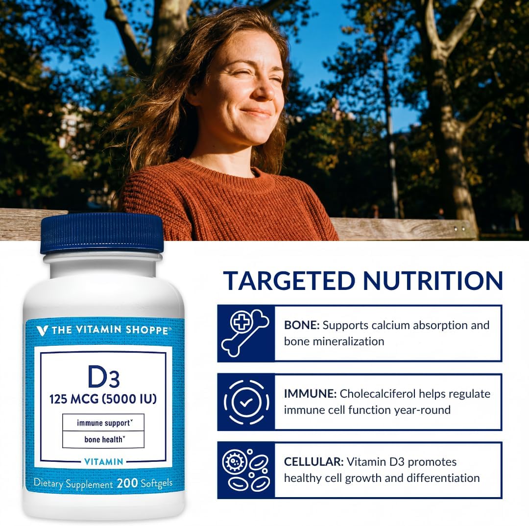 The Vitamin Shoppe Vitamin D3 5000 IU Supplement, Bone, Immune and Cellular Health Support for Men and Women, Gluten-free, Dairy-free, 200 Soft Capsules - görsel 6