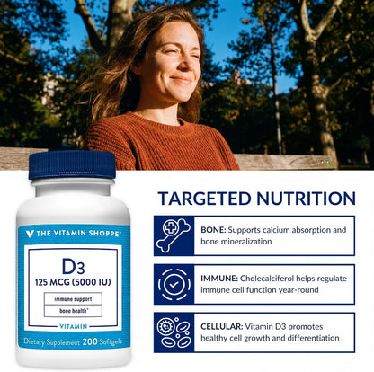 The Vitamin Shoppe Vitamin D3 5000 IU Supplement, Bone, Immune and Cellular Health Support for Men and Women, Gluten-free, Dairy-free, 200 Soft Capsules