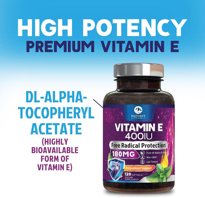 Nature's Peak Vitamin E 180 mg Soft gel capsules – Antioxidant Support for Skin, Immune and Cardiovascular Health – Non-GM, Gluten-free – 120 Soft gel capsules
