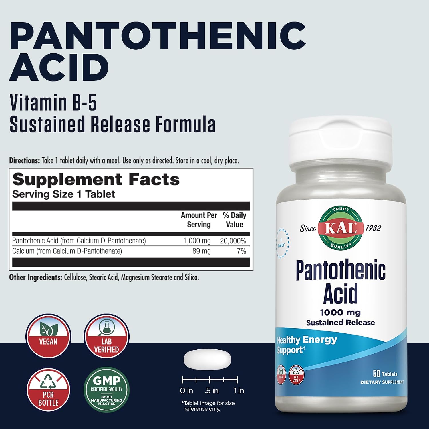 KAL Pantothenic Acid 1000mg – Sustained Release Vitamin B5 (Vegan, 50 Tablets) - görsel 2