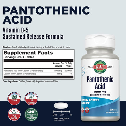 KAL Pantothenic Acid 1000mg – Sustained Release Vitamin B5 (Vegan, 50 Tablets)