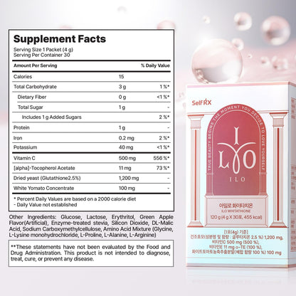 ILO Whitathione Antioxidant Powder Sticks - 500mg Vitamin C, Glutathione & White Tomato Extract - 30 Sticks