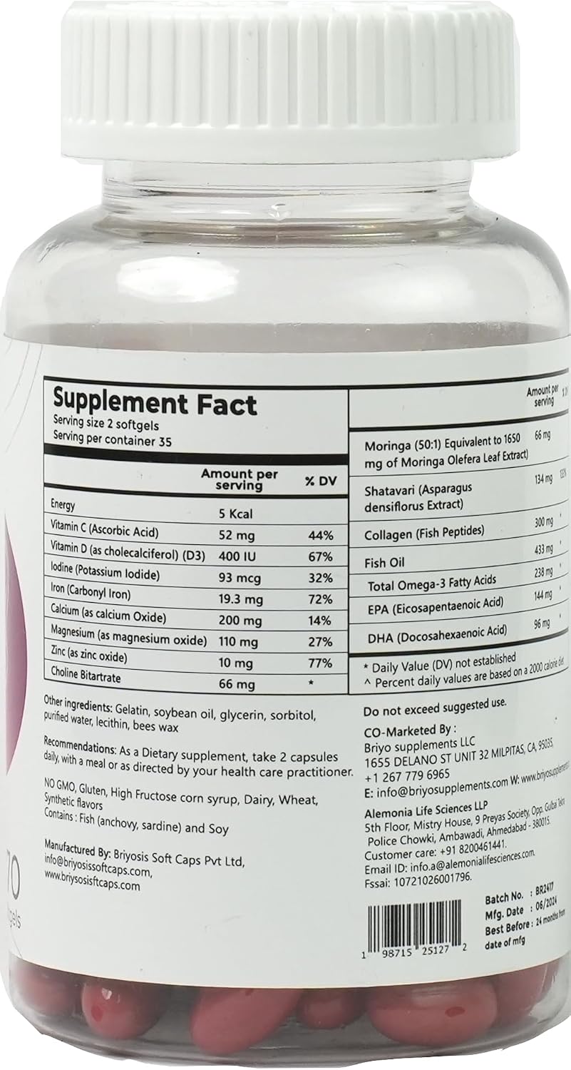 Briyo All Around Mom - Complete Postnatal Formula with Omega-3, Collagen, Choline, Shatavari, Moringa, Vitamins, Minerals – Supports Recovery, Energy, Lactation, Mood – 60 Soft gel capsules - görsel 2