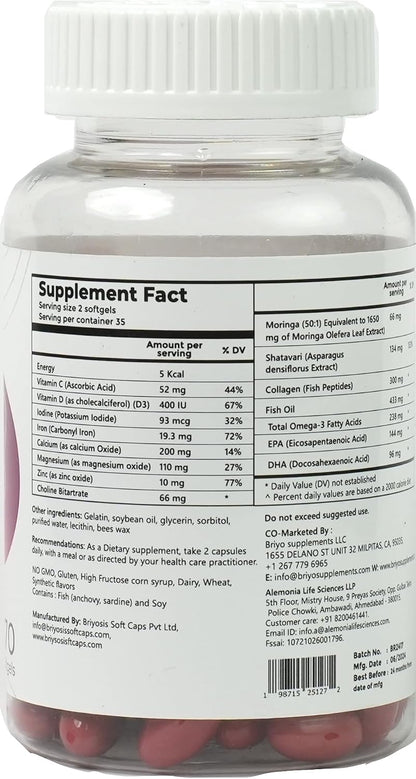 Briyo All Around Mom - Complete Postnatal Formula with Omega-3, Collagen, Choline, Shatavari, Moringa, Vitamins, Minerals – Supports Recovery, Energy, Lactation, Mood – 60 Soft gel capsules