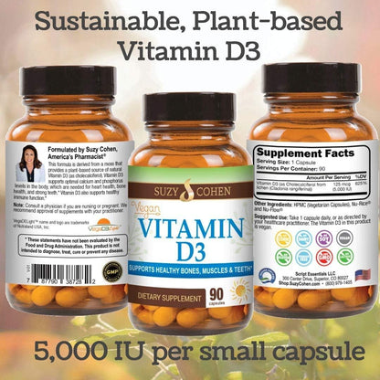 Script Essentials Vegan Vitamin D3 5,000 IU for Healthy Muscle Function, Bone Health, and Immune Support - Non-GM, Gluten-free and Kosher Certified - 90 Servings