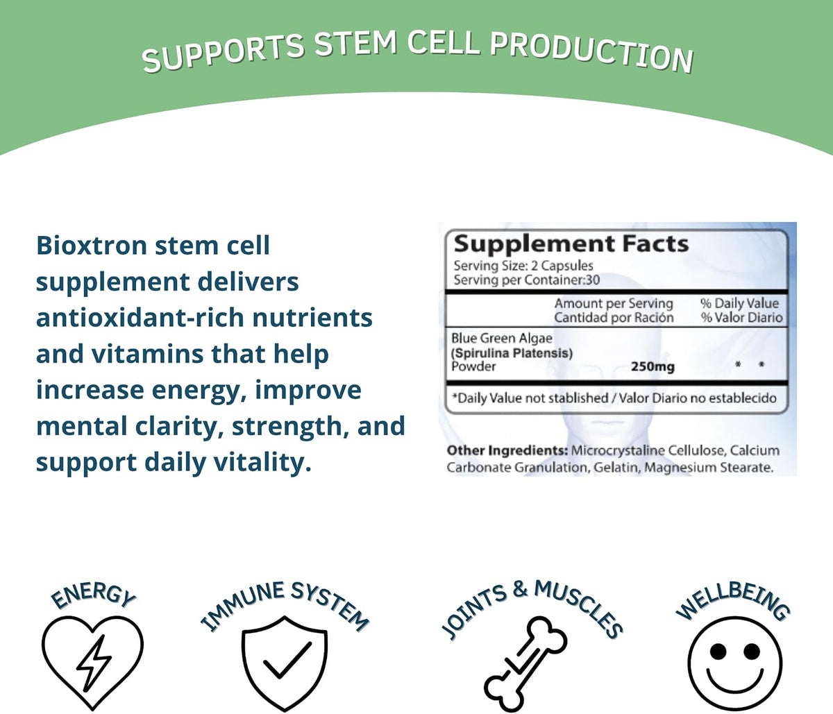 Bioxtron Natural Stem Cell Supplement Capsules – Cellular & Antioxidant Support Formula with Blue Green Algae and Spirulina – 60 Capsules - görsel 5