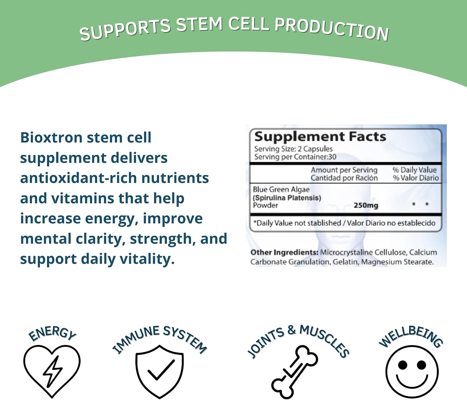 Bioxtron Natural Stem Cell Supplement Capsules – Cellular & Antioxidant Support Formula with Blue Green Algae and Spirulina – 60 Capsules - görsel 5