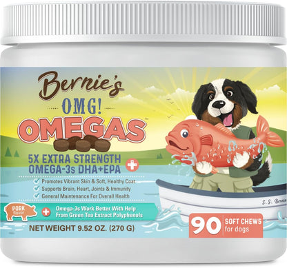 Bernie's OMG! Omegas Chews for Dogs - 5X Extra Strength DHA+EPA Fish Oil, Healthy Skin & Coat, Allergy Relief, Joint Support (Salmon Flavour)
