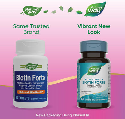 Nature's Way Extra Strength Biotin Forte, Contributes to Normal Hair, Skin and Nails, 5,000 mcg per Serving, High Potency B-Vitamins, Vitamin C, 60 Vegan Tablets