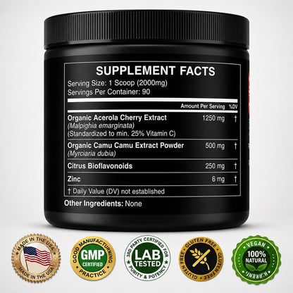 Natural Vitamin C from Acerola Cherry & Camu Camu Powder with Citrus Bioflavonoids, 90 Servings