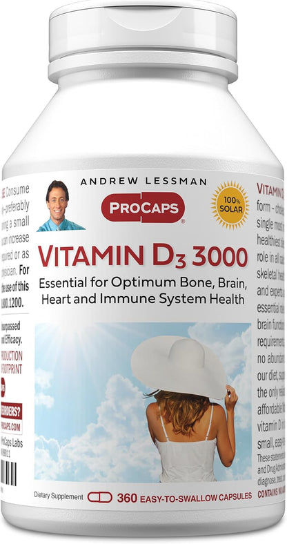 ANDREW LESSMAN Vitamin D3 3000 IU 360 Capsules - High Potency, Essential for Calcium Absorption, Supports Bone Health, Immune System, and More. Small Easy to Swallow Capsules