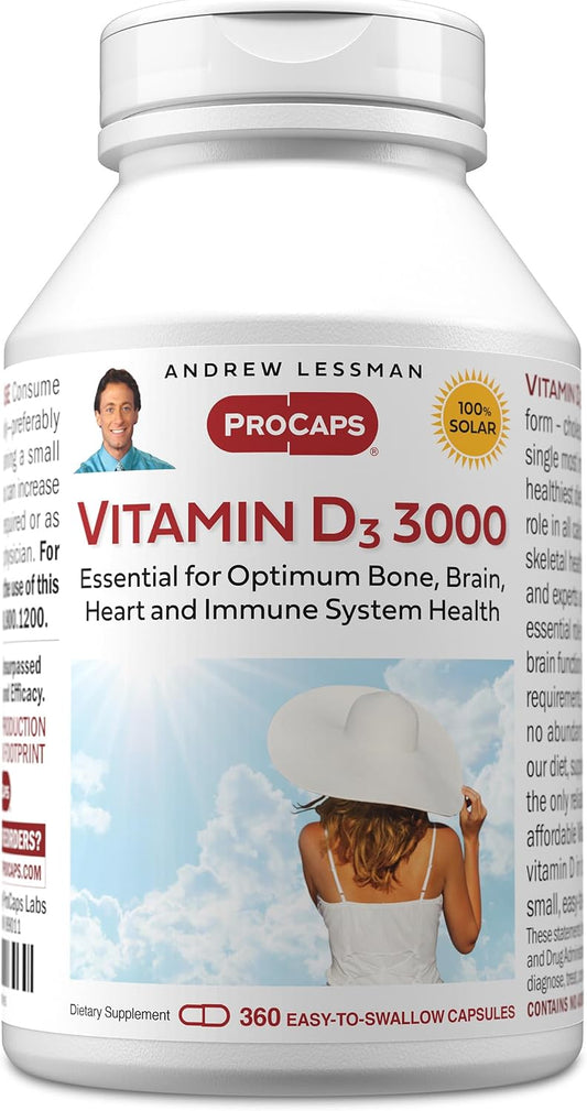 ANDREW LESSMAN Vitamin D3 3000 IU 360 Capsules - High Potency, Essential for Calcium Absorption, Supports Bone Health, Immune System, and More. Small Easy to Swallow Capsules