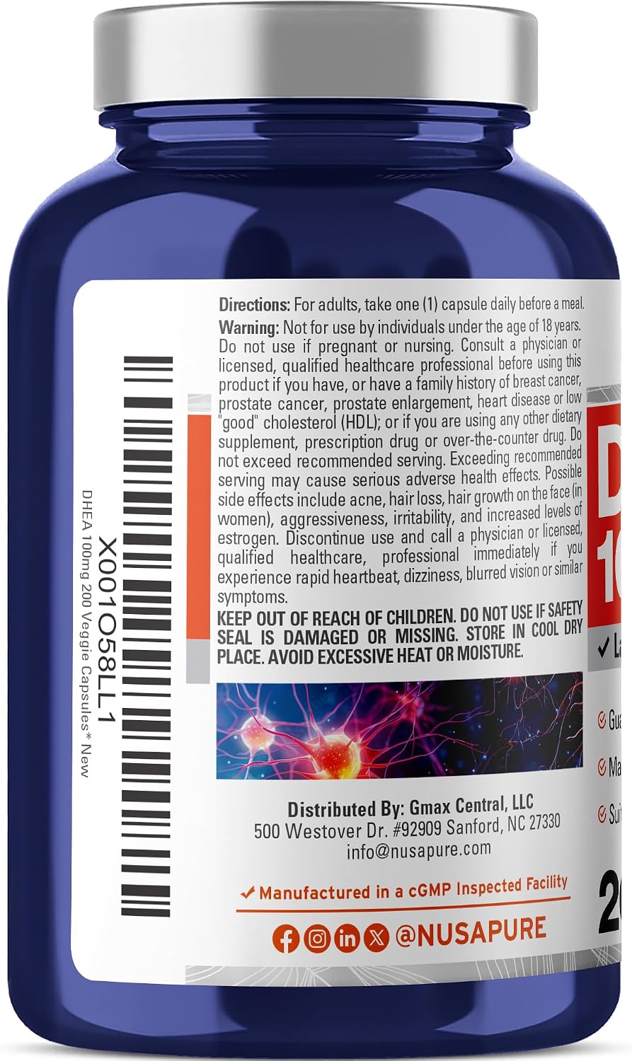NusaPure DHEA 100mg 200 Vegetarian Capsules (Vegetarian, Non-GMO) - görsel 3