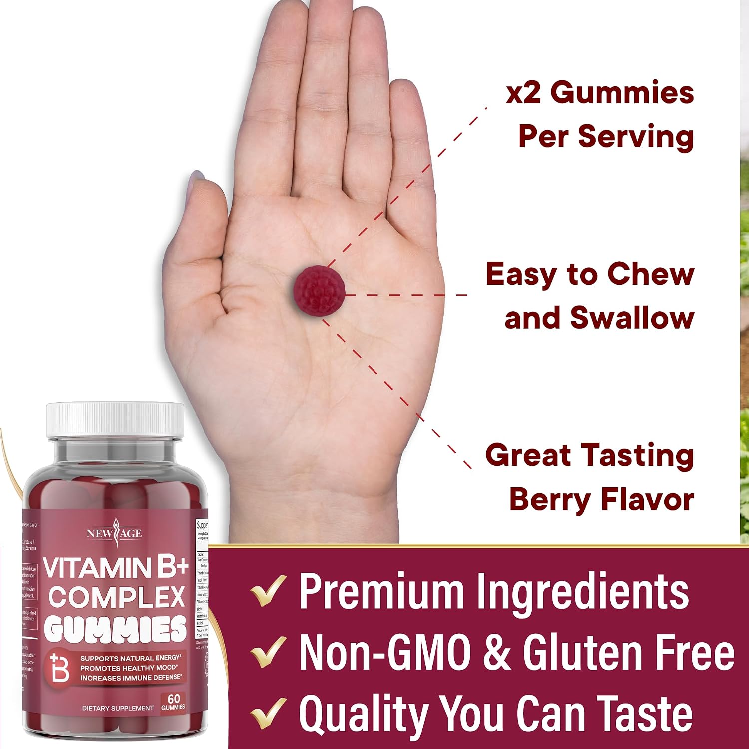 NEW AGE Vitamin B Complex Gummies with Vitamin B3, B6, & B12 – with Biotin, Folic Acid & Vitamin C – Gluten-free, Vegan, Made in the USA! (120 Count, Pack of 2) - görsel 5