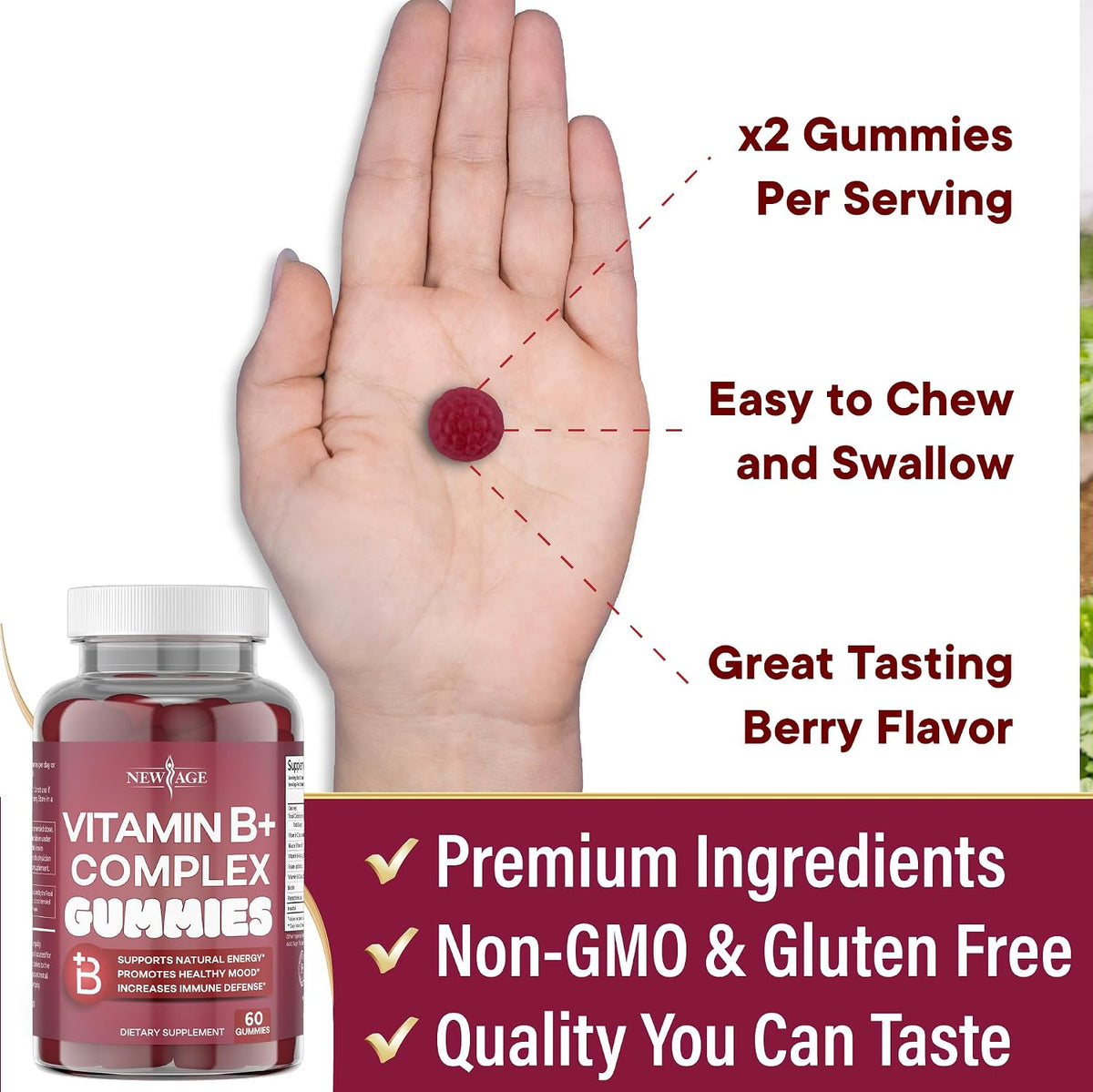 NEW AGE Vitamin B Complex Gummies with B3, B5, B6, B7, B9, B12 and Vitamin C, 60 Gummies - görsel 5