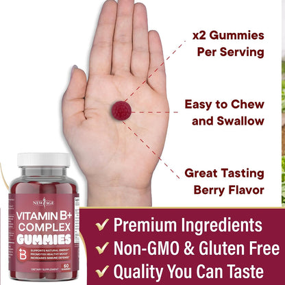 NEW AGE Vitamin B Complex Gummies with Vitamin B3, B6 & B12 – with Biotin, Folic Acid & Vitamin C – Gluten-Free, Vegan (180 Count (3-Pack))