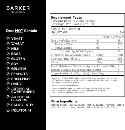 Barker Wellness Immunity Gummies with Vitamin C, Zinc, Elderberry, Turmeric & Ginger – Vegan, Sugar-Free, Lemon-Lime – 60 Gummies