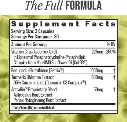BIOSTACK Cell Shield with Setria Glutathione | Liposomal Supplement with Vitamin C, Turmeric, and C3 Curcumin Complex | Pure Reduced L-Glutathione 500mg