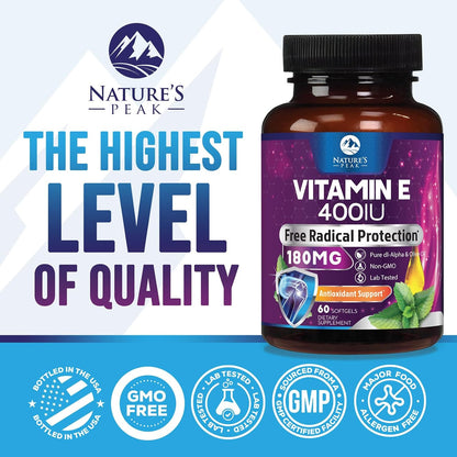 Vitamin E 180 mg Per Serving Soft gel capsules - DL-Alpha Tocopherol, Antioxidant Supplement for Skin, Heart, and Immune Support, Non-GMO & Gluten-free - 60 Soft gel capsules