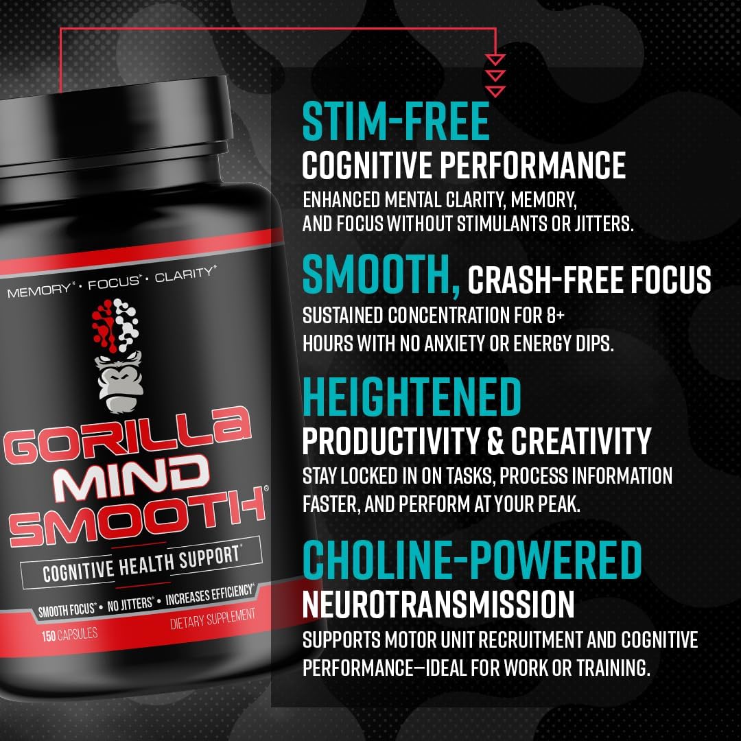 Gorilla Mind Smooth Nootropic Formula - Non-Stimulant, Memory & Focus Support, 150 Capsules - görsel 4