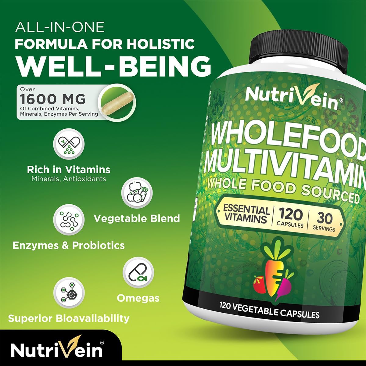 Nutrivein Whole Food Multivitamin for Men and Women – 120 Vegan Capsules - görsel 3
