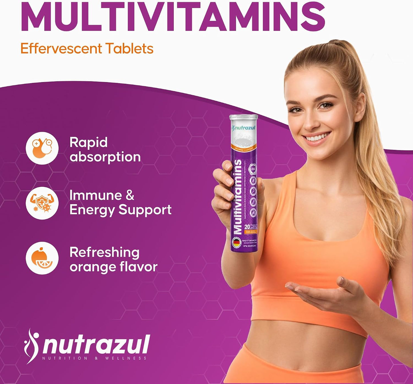 Nutrazul Multivitamin Effervescent Tablets, Supplement for Daily Wellness with 9 Essential Vitamins, Contains Vitamin C & B Complex, Orange Flavour, 60 Tablets - görsel 2